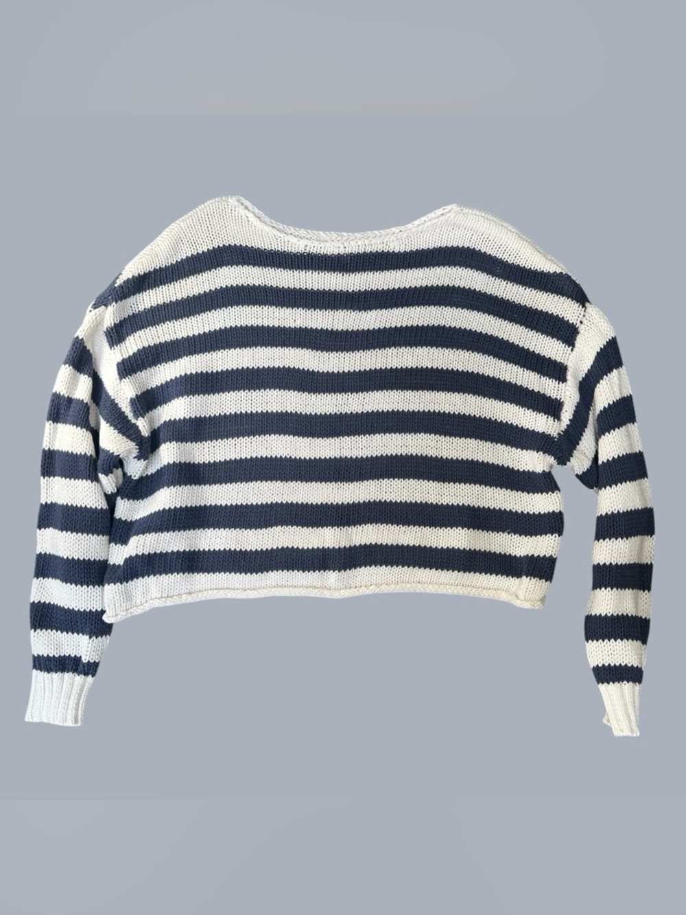 aerie Navy and White Striped Cropped Crewneck Sweater